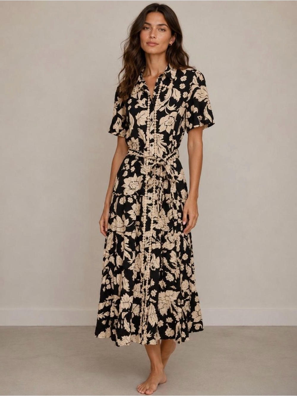 WHITE CLOSET ELEMENTS Floral Shirt Dress Black M
